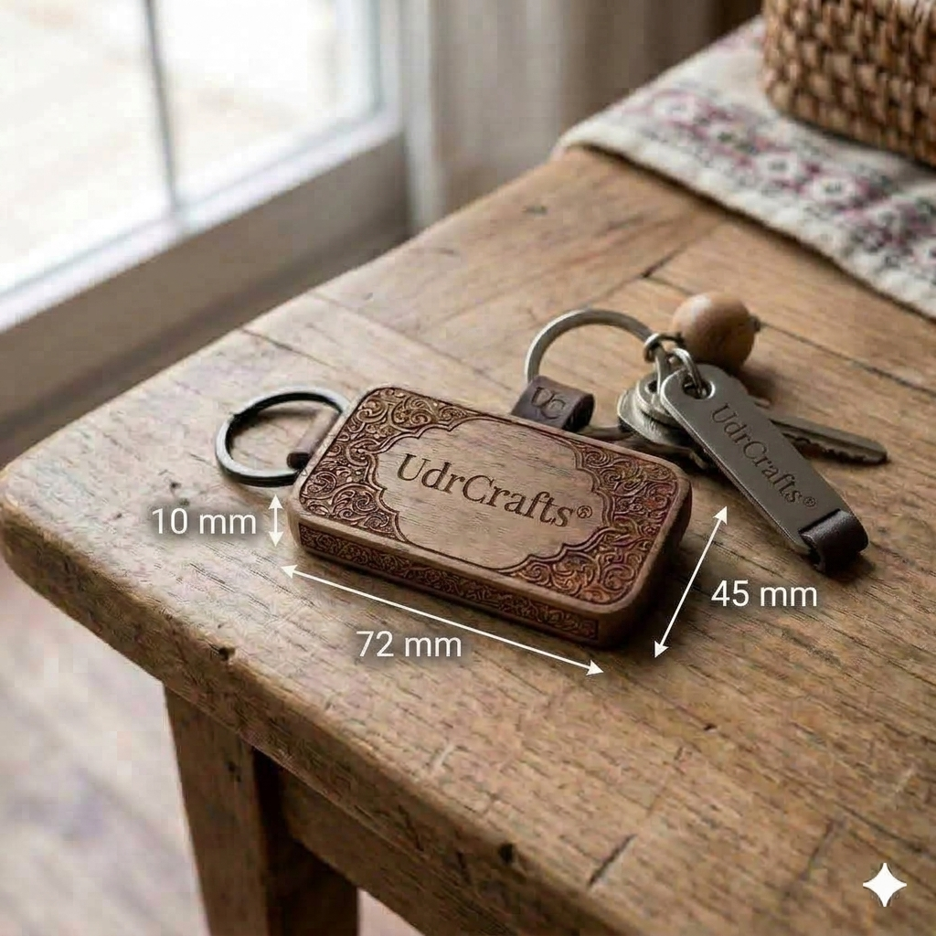 UdrCrafts® Premium Engraved Wood Keychain - Traditional Carved Design Wooden Keyring with Metallic Ring & Leather Strap, Ideal for Gifting
