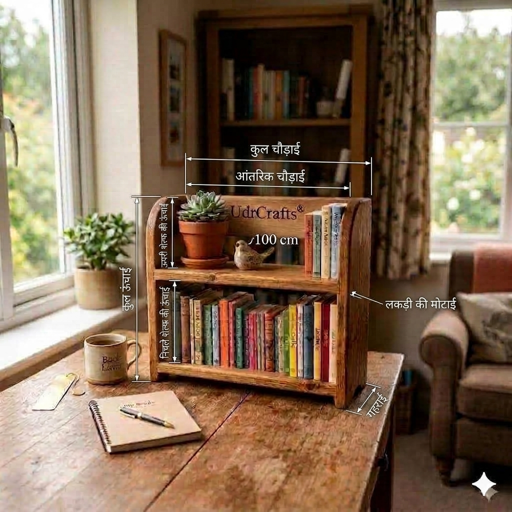 UdrCrafts® Handcrafted Wooden Tabletop Bookshelf – 2-Tier Mini Desktop Book Organizer, Magazine Storage Rack & Bookcase for Home and Office Table