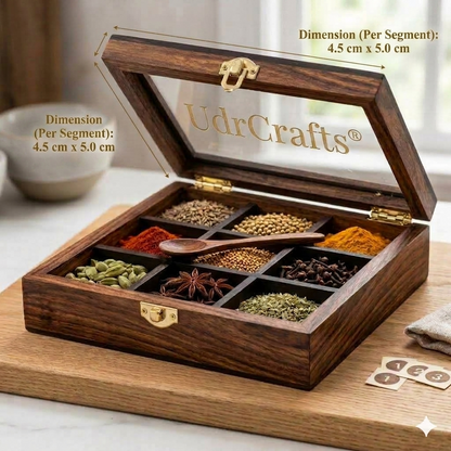 UdrCrafts® Handcrafted Square Wooden Masala Box | 9-Grid Kitchen Spice Organizer with See-Through Glass Window and Free Wooden Spoon