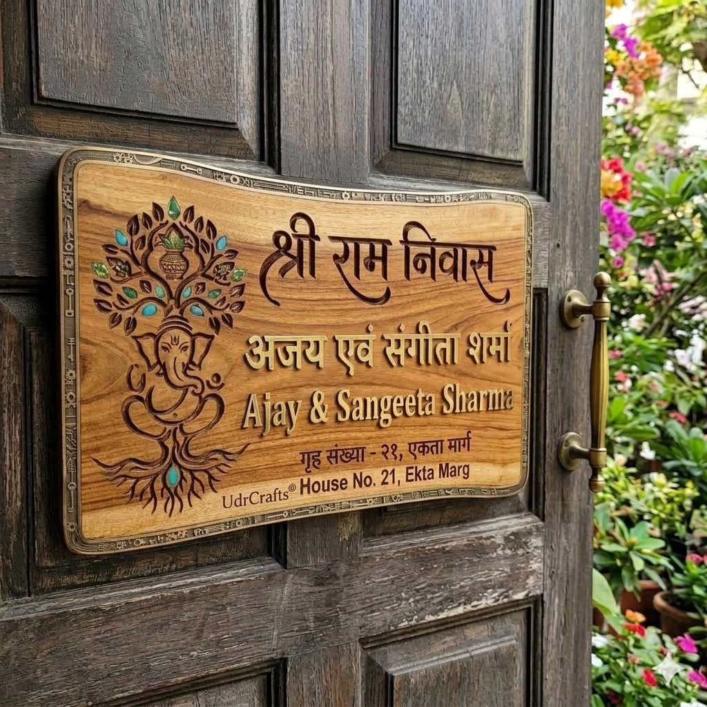 UdrCrafts® Luxury Wooden Name Plate for Home | Customized 3D Acrylic & Brass Text House Nameplate with Divine Ganesh Tree Art | Premium Home Decor Entrance Sign