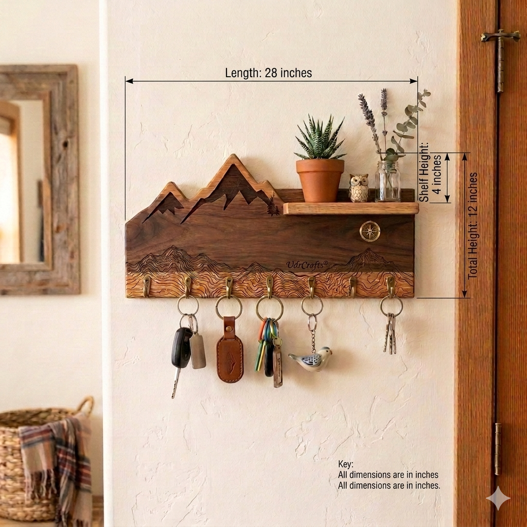 UdrCrafts® Wooden Key Holder for Wall | Mountain Art Key Stand with Small Shelf | Stylish Wall Mounted Key Hanger & Organiser for Home Decor