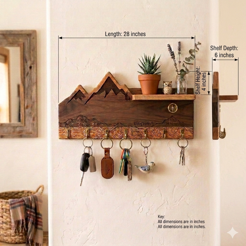 UdrCrafts® Wooden Key Holder for Wall | Mountain Art Key Stand with Small Shelf | Stylish Wall Mounted Key Hanger & Organiser for Home Decor