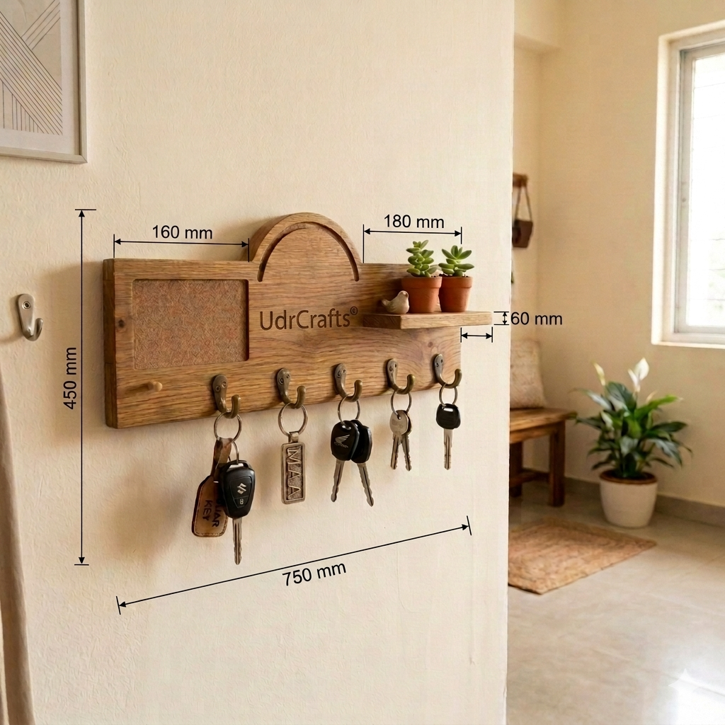UdrCrafts® Premium Wooden Key Holder with Storage Shelf & Corkboard | Stylish Key Organizer for Wall (Natural Brown Finish)