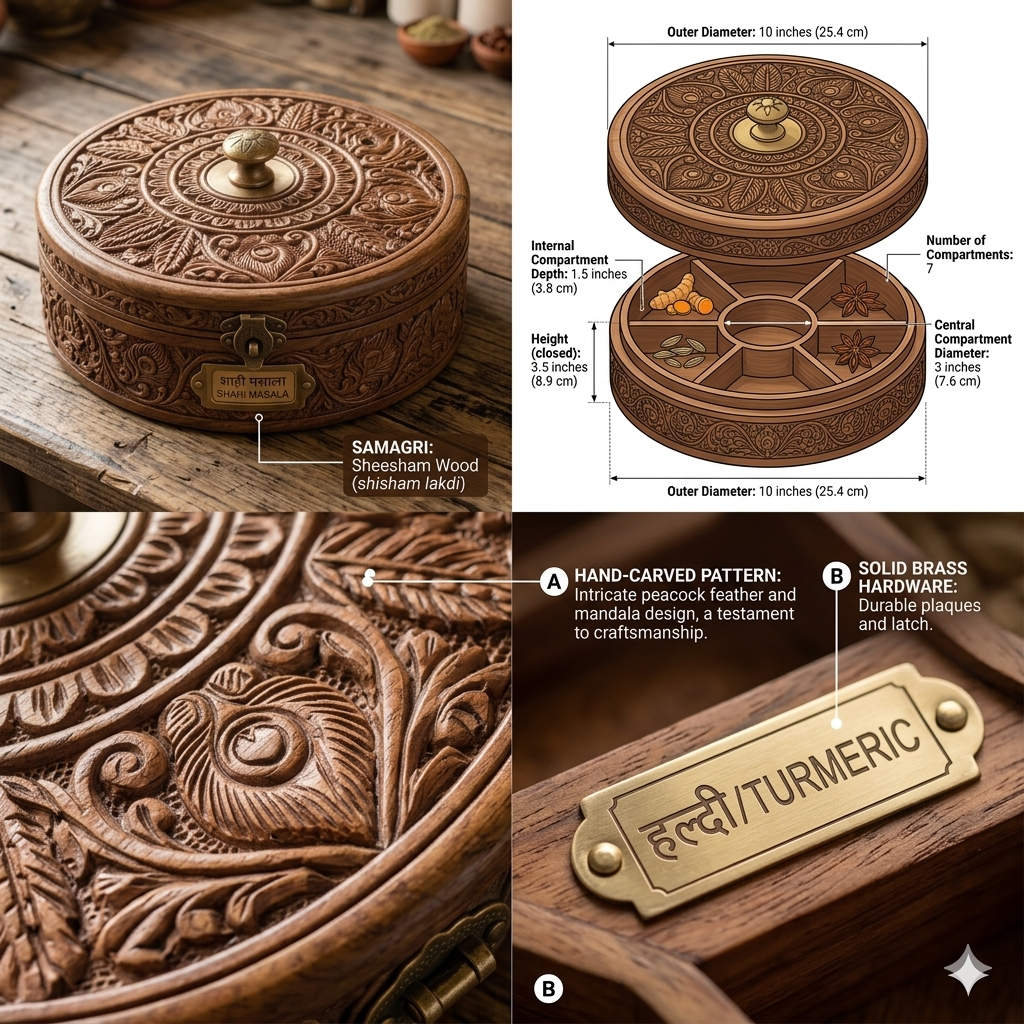 UdrCrafts® Handcrafted Wooden Masala Box | 10-Inch Round Antique Spice Organizer Container for Kitchen with Brass Hardware