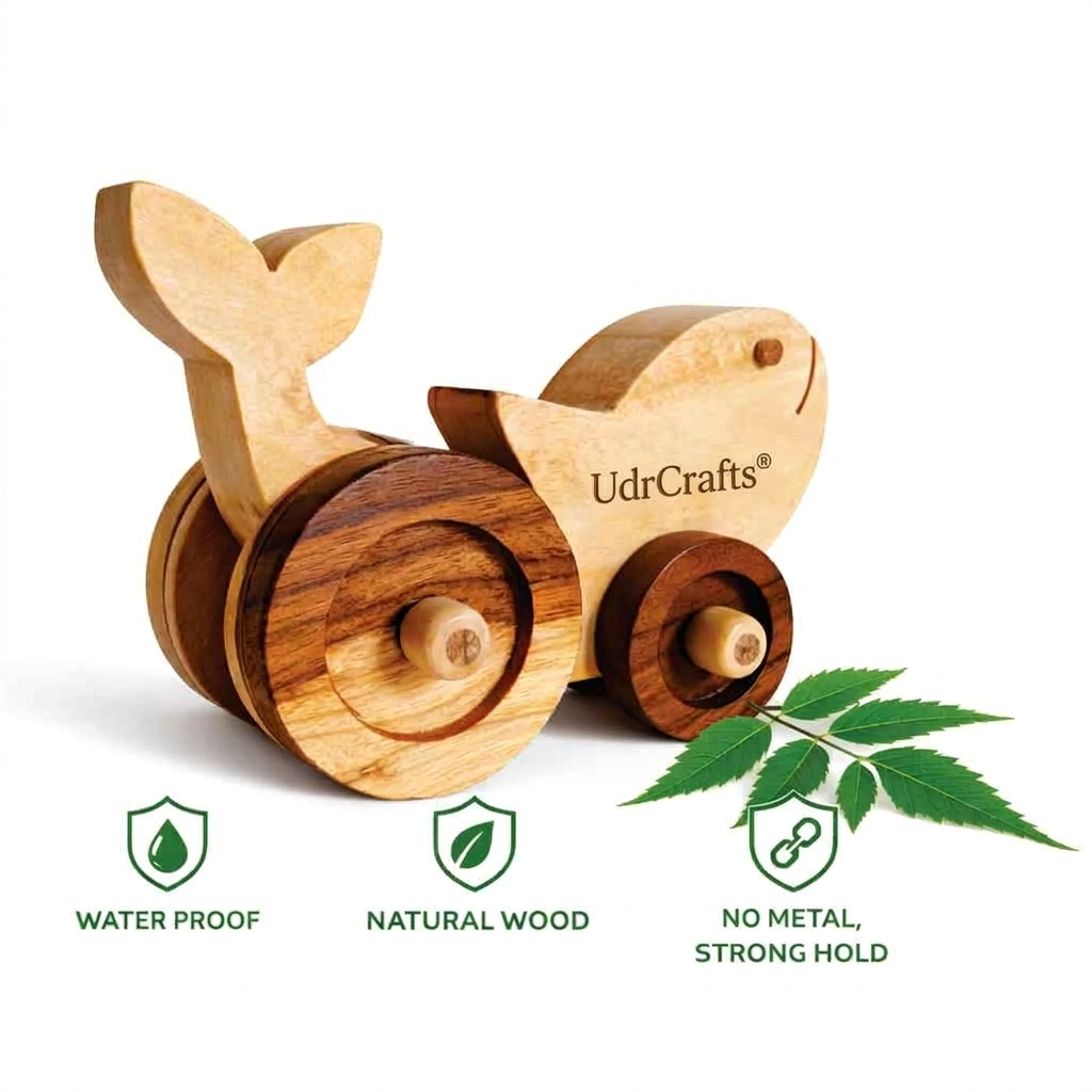 UdrCrafts® Wooden Whale Pull-Along Toy for Toddlers Fish | Natural Solid Wood | No Metal | Eco-Friendly & Plastic-Free | Smooth Rolling Wheels | Nursery Decor Toy (2–5 Years)