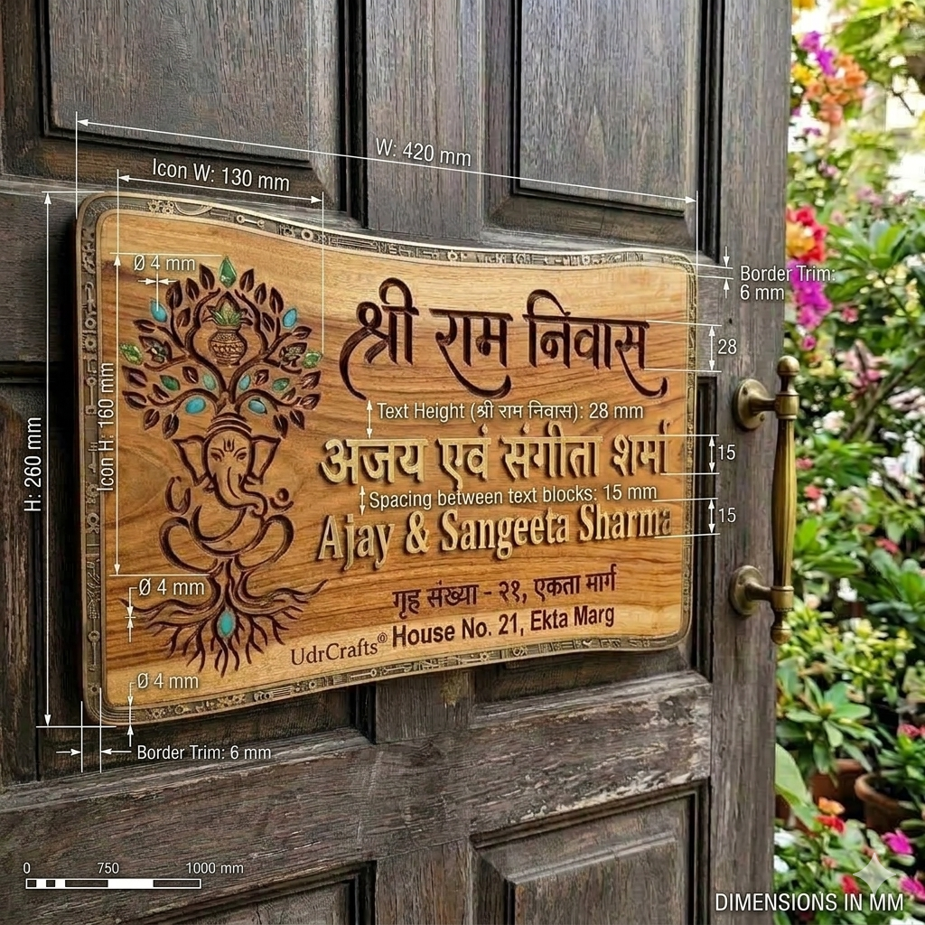 UdrCrafts® Luxury Wooden Name Plate for Home | Customized 3D Acrylic & Brass Text House Nameplate with Divine Ganesh Tree Art | Premium Home Decor Entrance Sign