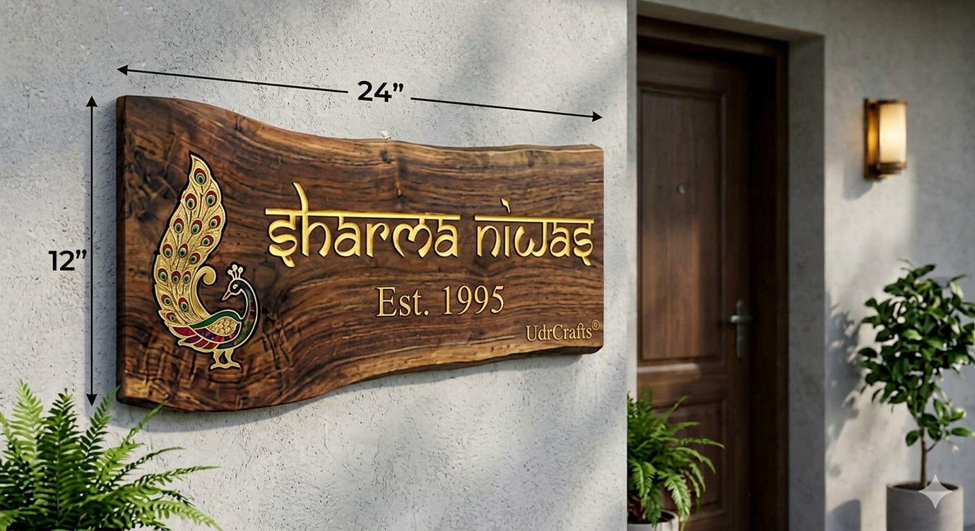 UdrCrafts® Premium Wooden Nameplate for Home Entryway | Custom Handcrafted Solid Wood Hanging Sign with Elegant Peacock Emblem (Size: 12" x 24")
