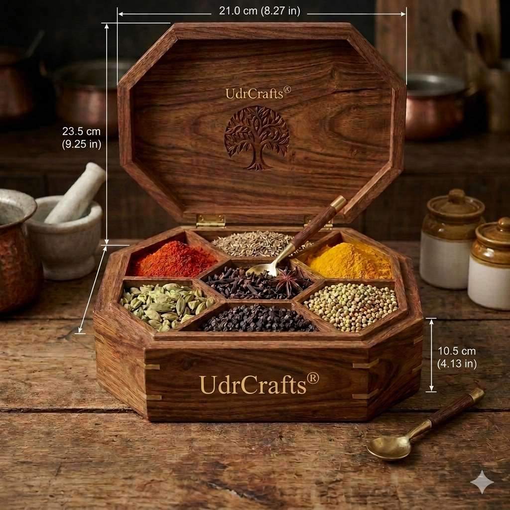 UdrCrafts® Antique Wooden Masala Box | Square Spice Containers for Kitchen with Unique Tree Carving & Brass Joints | Ideal Luxury Handicraft Gift Item for Diwali & Housewarming