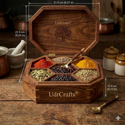 UdrCrafts® Antique Wooden Masala Box | Square Spice Containers for Kitchen with Unique Tree Carving & Brass Joints | Ideal Luxury Handicraft Gift Item for Diwali & Housewarming