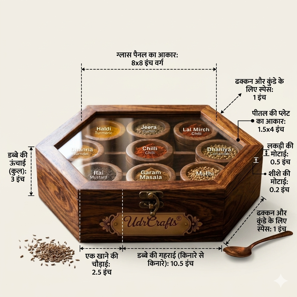 UdrCrafts® Handcrafted Square Wooden Masala Box | 10-Inch Spice Organizer with See-Through Glass Window and 9 Deep Compartments