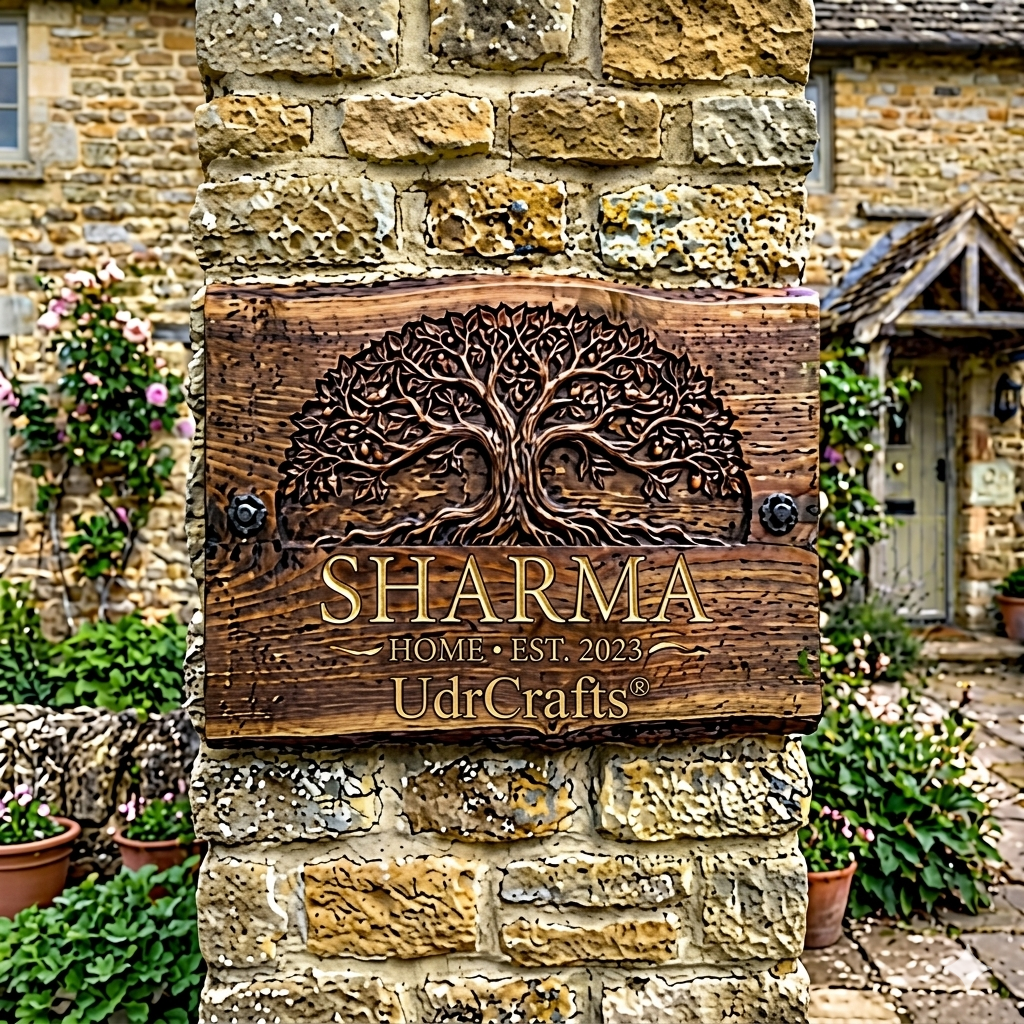 UdrCrafts® Personalized 3D Tree Theme Wooden Name Plate | Custom Golden Brass Lettering Signboard for Home Main Gate & Villa (Size: 18x12 Inches)