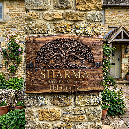 UdrCrafts® Personalized 3D Tree Theme Wooden Name Plate | Custom Golden Brass Lettering Signboard for Home Main Gate & Villa (Size: 18x12 Inches)