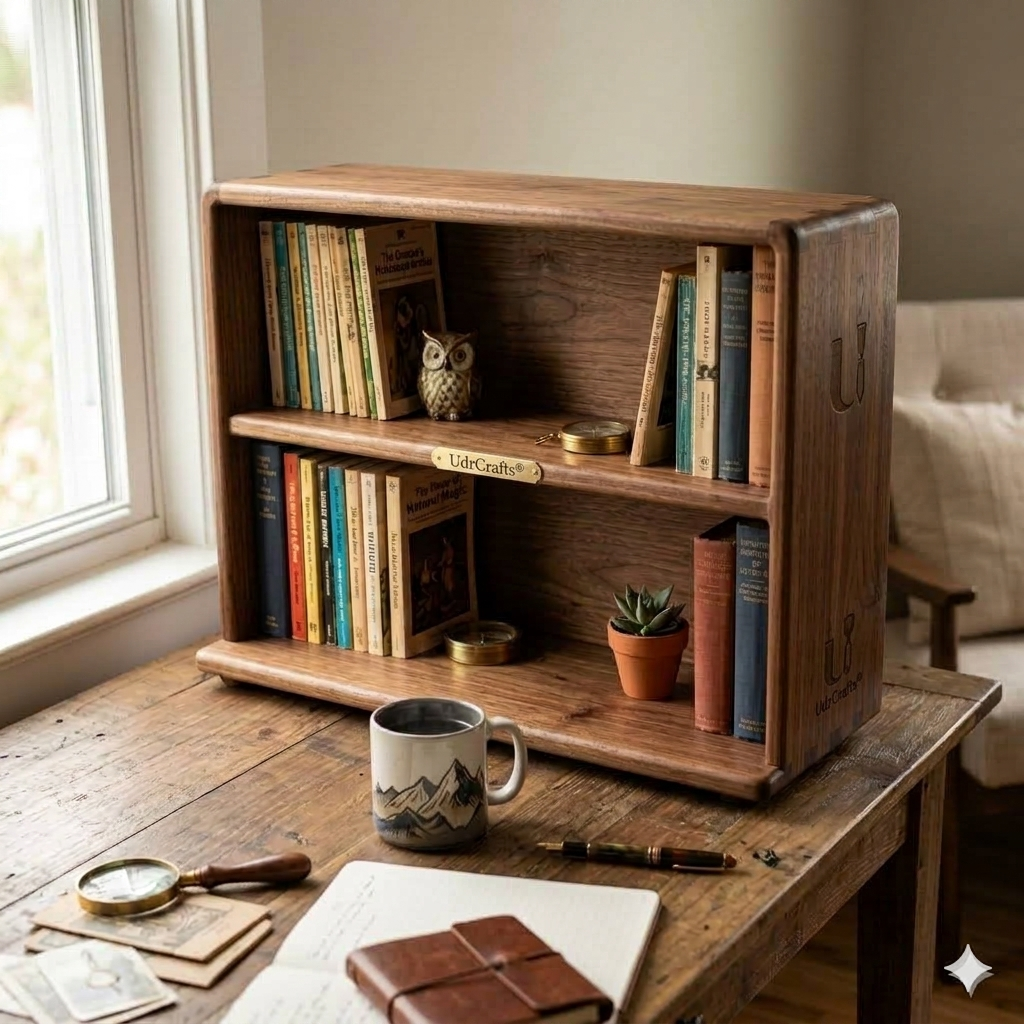 UdrCrafts® Handcrafted Wooden Tabletop Bookshelf – 2-Tier Mini Desktop Book Organizer, Magazine Storage Rack & Bookcase for Home and Office Table