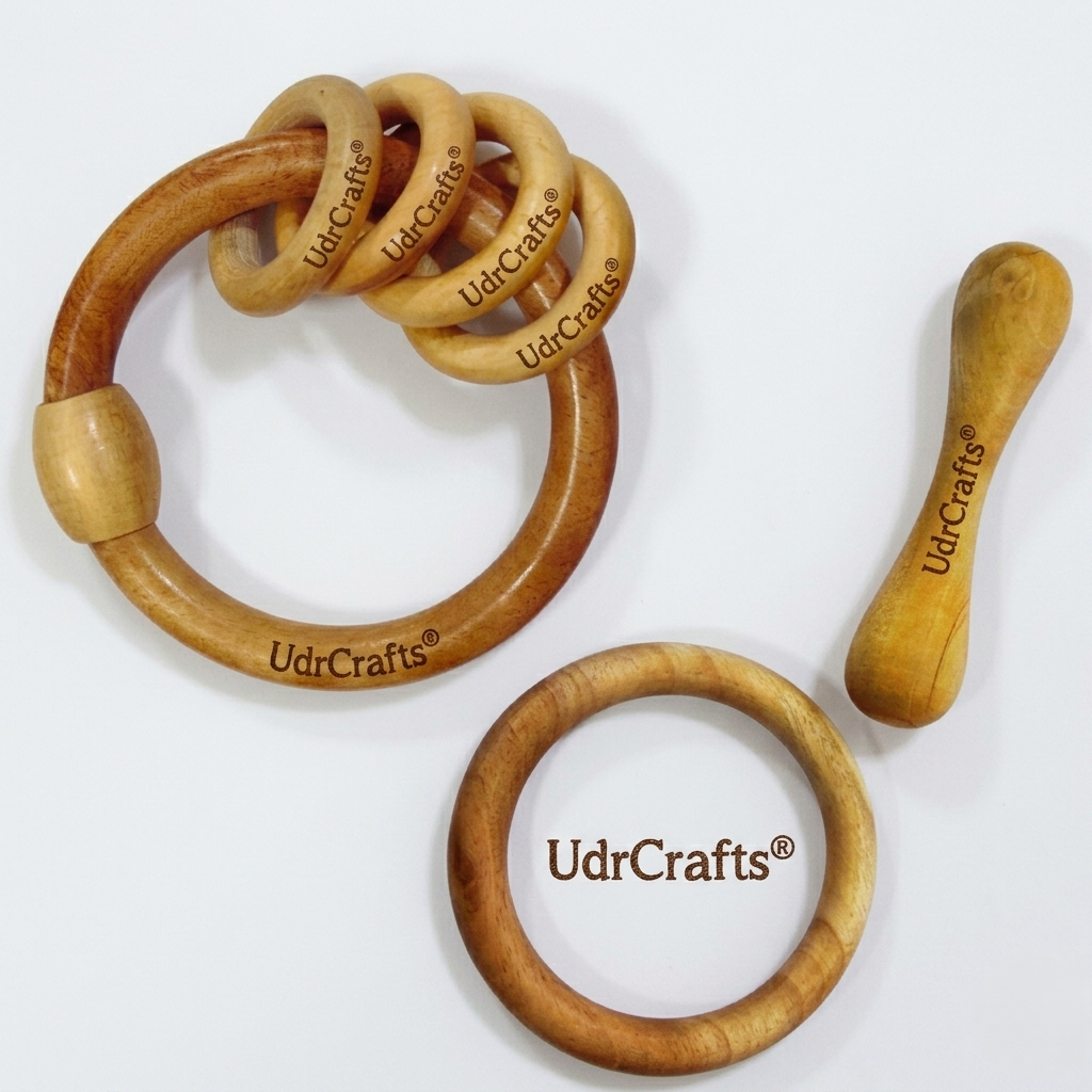 UdrCrafts® Organic Neem Wood Teether Combo for Babies – 1 Ring Rattler, 1 Dumbbell & 1 Teething Ring_ Pack of 3 Safe Natural Wooden Toys for 3–12 Months | Handcrafted & Eco-Friendly | wooden teethers for 6 to 12 months