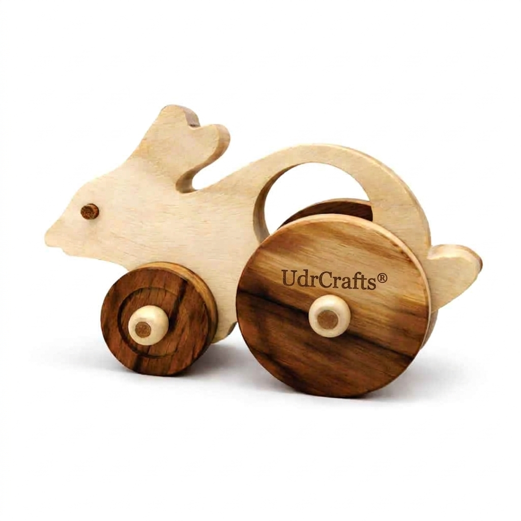 UdrCrafts® Wooden Rabbit Pull-Along Toy for Toddlers | Natural Solid Wood | No Metal | Eco-Friendly & Plastic-Free | Smooth Rolling Wheels | Nursery Decor Toy (2–5 Years) (Rabbit)
