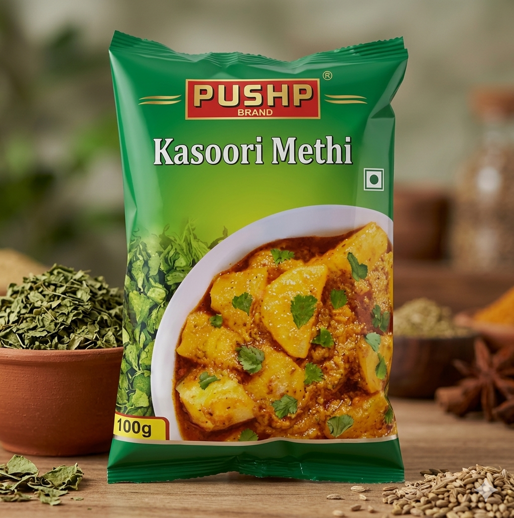 Pushp Brand Pure Kasoori Methi, 100g | 100% Natural Dried Fenugreek Leaves | Aromatic Kasturi Methi Fragrant Flakes for Curries, Dals & Parathas | No Added Preservatives or Artificial Flavours