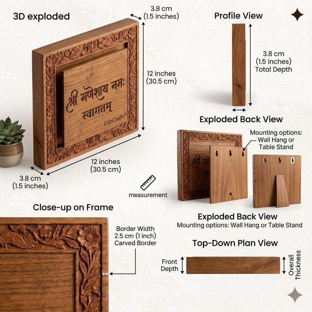 UdrCrafts® Royal Wooden Name Plate for House | Traditional Hand-Carved Shree Ganeshay Namah & Swagatam Home Signboard | Customized Hardwood Nameplate (12" x 12")