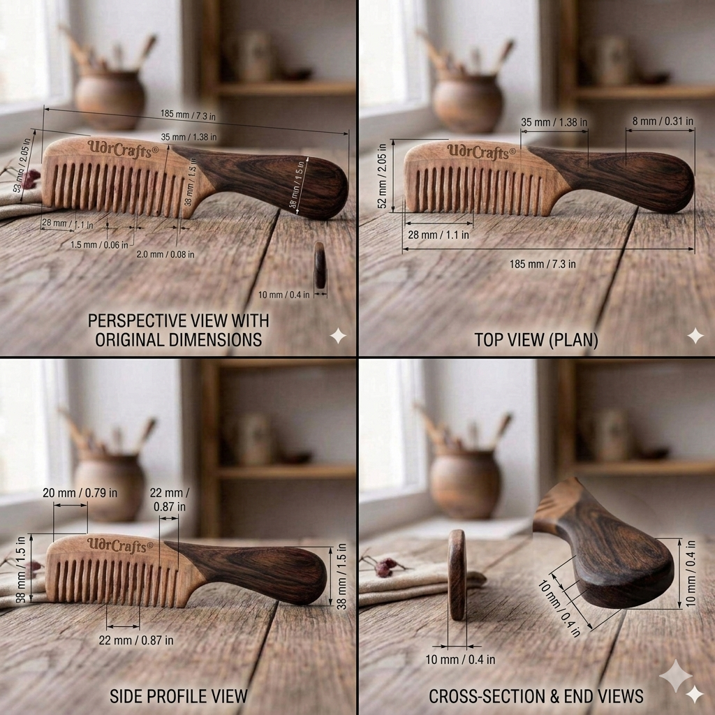 UdrCrafts® Luxury Dual-Tone Wooden Hair Comb with Ergonomic Wave Handle | Anti-Static Wide Tooth Detangling Comb