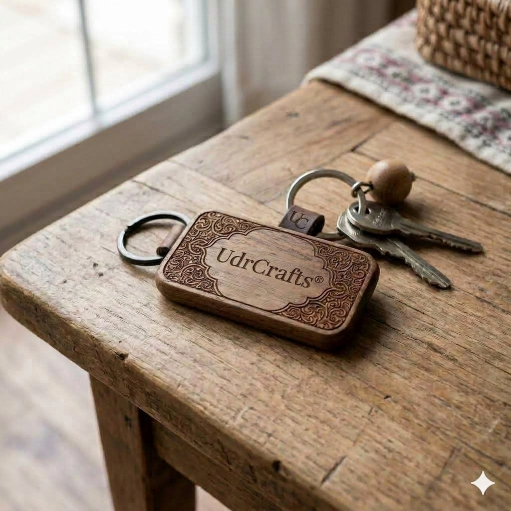 UdrCrafts® Premium Engraved Wood Keychain - Traditional Carved Design Wooden Keyring with Metallic Ring & Leather Strap, Ideal for Gifting