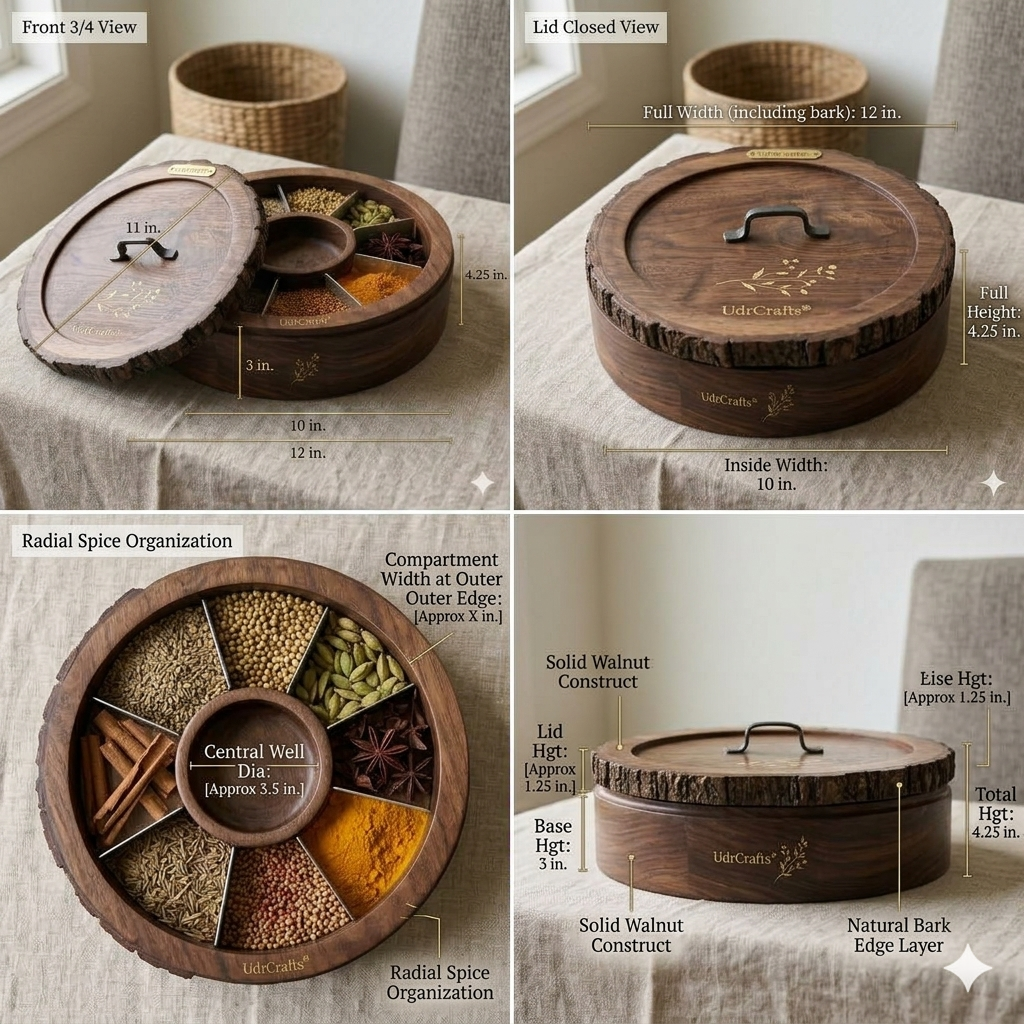 UdrCrafts® Antique Wooden Masala Box | Organic Handcrafted Wood Spice Organizer Dani with Glass Lid for Indian Kitchen Decor