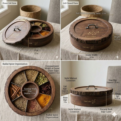 UdrCrafts® Antique Wooden Masala Box | Organic Handcrafted Wood Spice Organizer Dani with Glass Lid for Indian Kitchen Decor