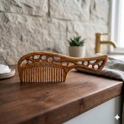 UdrCrafts® Premium Olive Wood Hair Comb with Handle | Wide Tooth Wooden Detangling Comb for Men & Women