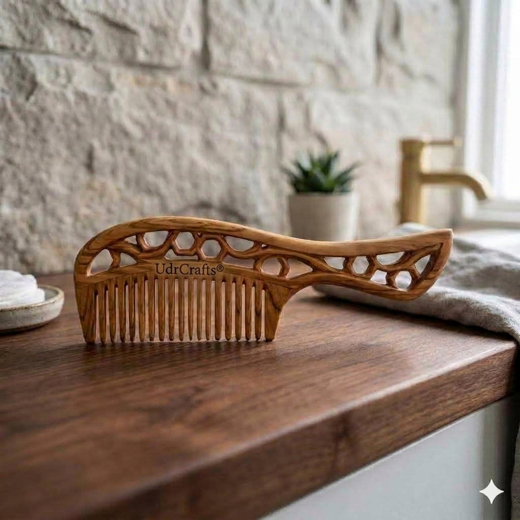 UdrCrafts® Premium Olive Wood Hair Comb with Handle | Wide Tooth Wooden Detangling Comb for Men & Women