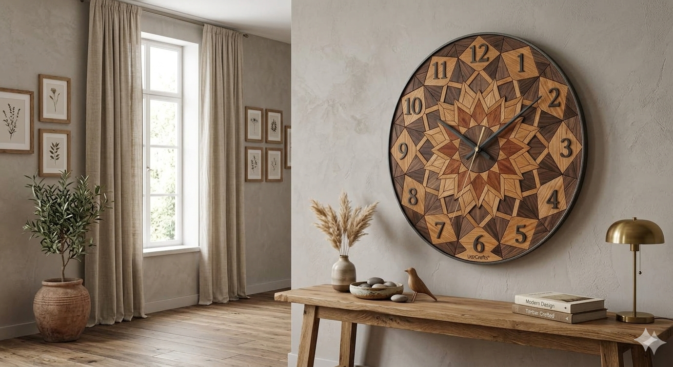 UdrCrafts® Luxury Handcrafted Mandala Wooden Wall Clock | 40 cm Decorative Premium Silent Geometric Clock for Elegant Wall Art, Living Room Styling & Gifting
