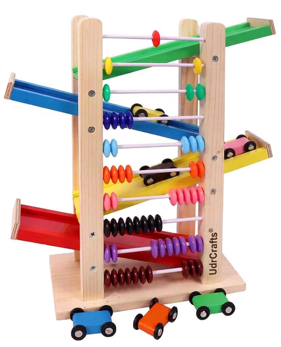 UdrCrafts® Wooden Racer Ramp Toy with 4 Car Ramps, 4 Mini Cars & Abacus – Wood Race Track for 3-5 Year, Boys & Girls –Educational Vehicle Toys- Multi Color
