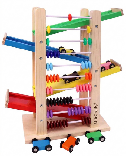 UdrCrafts® Wooden Racer Ramp Toy with 4 Car Ramps, 4 Mini Cars & Abacus – Wood Race Track for 3-5 Year, Boys & Girls –Educational Vehicle Toys- Multi Color