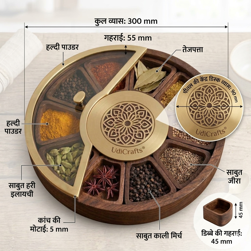 UdrCrafts® Handcrafted Wooden Masala Box | 11-Inch Round Spice Organizer with Smart Sliding Glass Top and Removable Wooden Bowls
