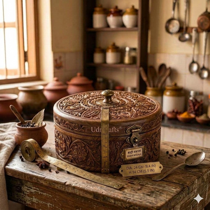 UdrCrafts® Handcrafted Wooden Masala Box | 10-Inch Round Antique Spice Organizer Container for Kitchen with Brass Hardware