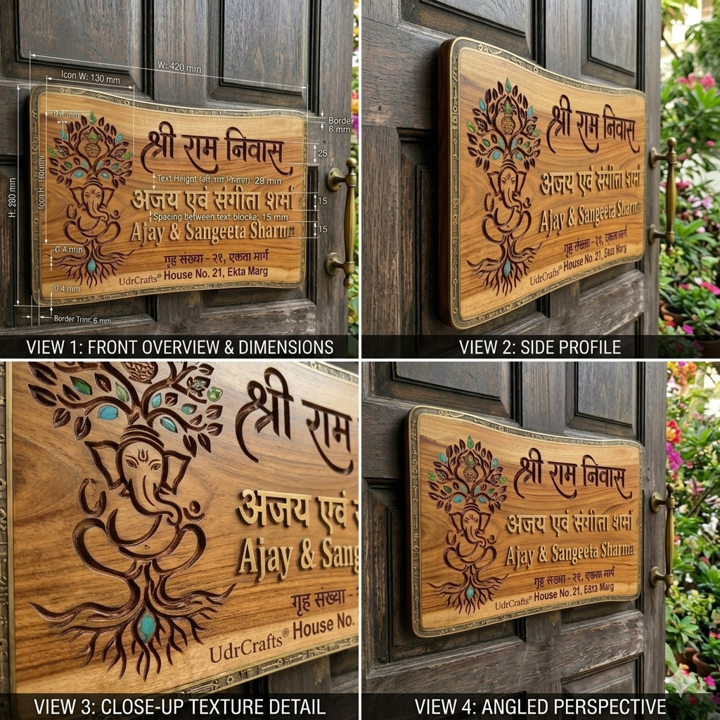 UdrCrafts® Luxury Wooden Name Plate for Home | Customized 3D Acrylic & Brass Text House Nameplate with Divine Ganesh Tree Art | Premium Home Decor Entrance Sign