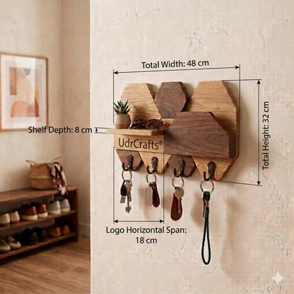 UdrCrafts® Wall Mounted Wooden Key Holder with Mini Shelf – Elegant Geometric Key Organizer for Home Decor