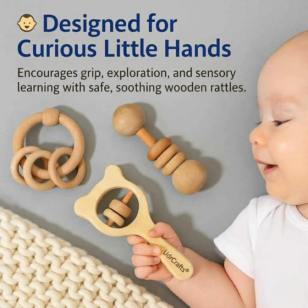 UdrCrafts® Wooden Rattle Set for Babies 0-6 Months, 6-12 Months | New Born Toys | Baby Shower Gifts | New Born Baby Essentials | Rattle Toys (Ring+Dumbbell+Micky Head)