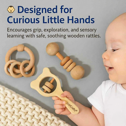 UdrCrafts® Wooden Rattle Set for Babies 0-6 Months, 6-12 Months | New Born Toys | Baby Shower Gifts | New Born Baby Essentials | Rattle Toys (Ring+Dumbbell+Micky Head)