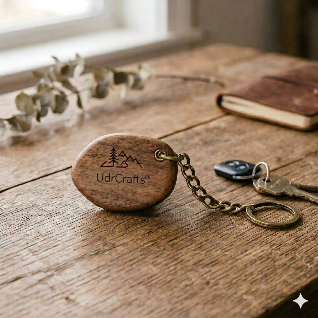 UdrCrafts® Premium Engraved Wooden Keychain | Minimalist Mountain Art Oval Wood Key Ring for Men & Women