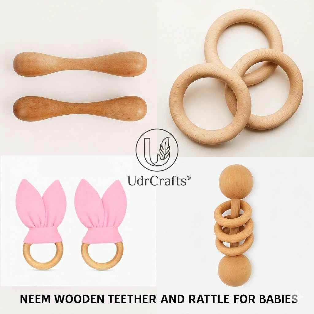 UdrCrafts® Baby Teether Combo Pack of 3 – Organic Neem Wood Teether Combo - 1 Ring, 1 Rattle, 1 Dumbbell Nibbler – Safe Natural Teething Toys | Wooden Teethers for 6 to 12 Months Baby (5)