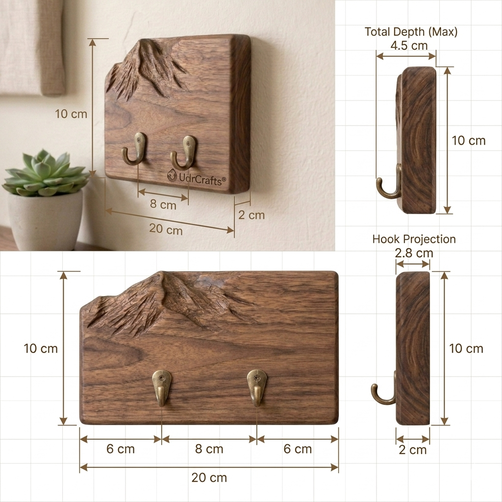 UdrCrafts® Wall Mounted Mountain Art Wood Key Hanger – Elegant Compact Symmetrical Key Organizer for Home Decor
