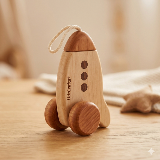 UdrCrafts® Wooden Rocket Toy – Handmade Eco-Friendly Pull Along Spacecraft with Wheels, Natural Wood Montessori Toy for Toddlers, Creative Learning & Nursery Decor (20cm x 10cm)