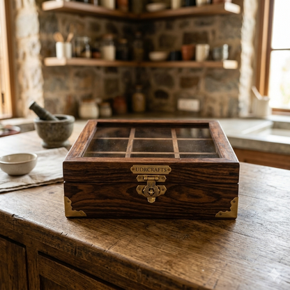 UdrCrafts® Handcrafted Wooden Masala Box | Square Sheesham Wood Spice Storage Container with Glass Top Lid & Brass Corners | Elegant Kitchen Countertop Spice Organizer with Spoon