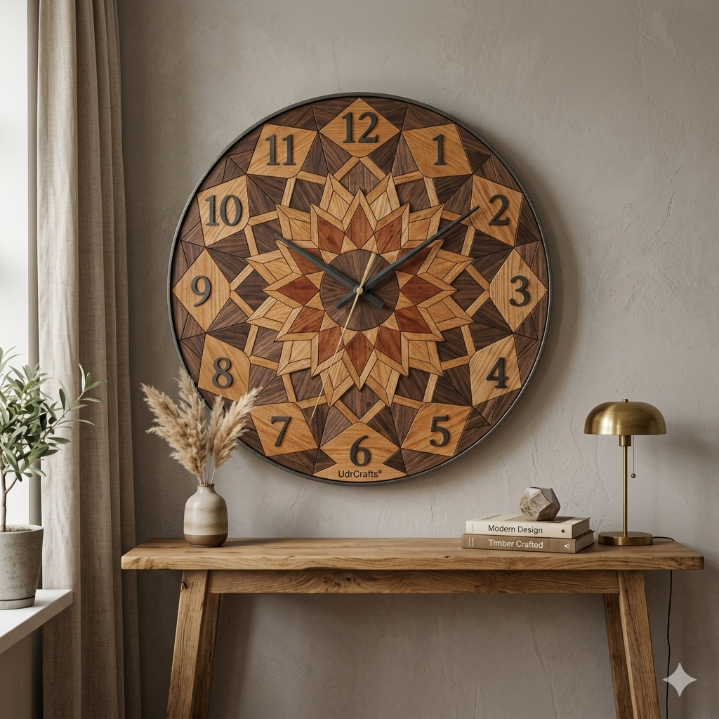 UdrCrafts® Luxury Handcrafted Mandala Wooden Wall Clock | 40 cm Decorative Premium Silent Geometric Clock for Elegant Wall Art, Living Room Styling & Gifting