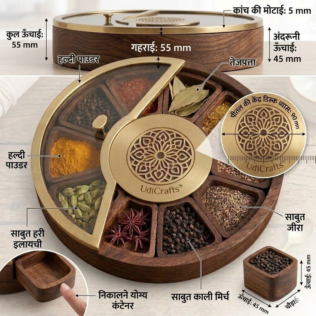 UdrCrafts® Handcrafted Wooden Masala Box | 11-Inch Round Spice Organizer with Smart Sliding Glass Top and Removable Wooden Bowls