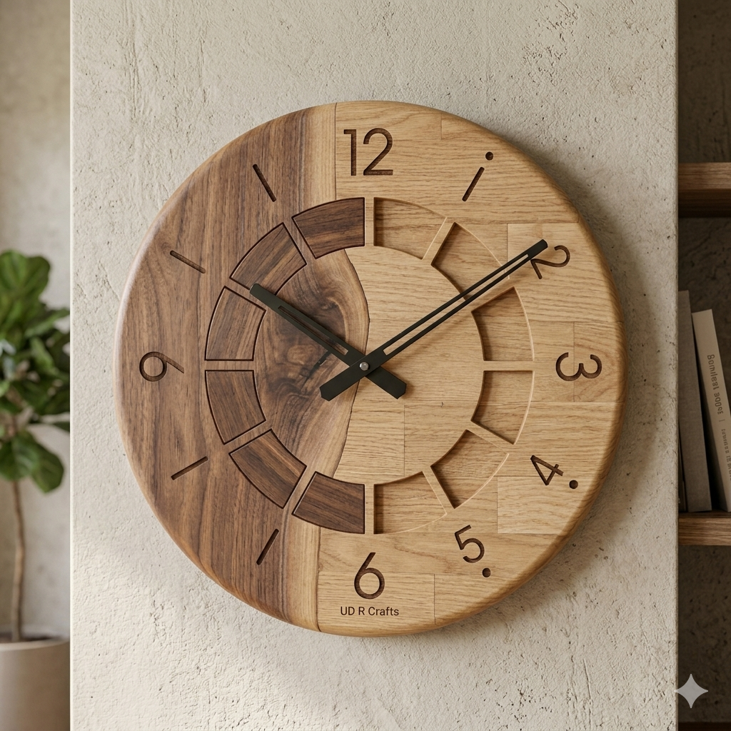 UdrCrafts® Modern Dual-Tone Wooden Wall Clock – 12 Inch Geometric Handcrafted Solid Wood Round Clock for Living Room, Bed Room & Executive Office Wall Decor (Silent Non-Ticking Movement, 30cm)