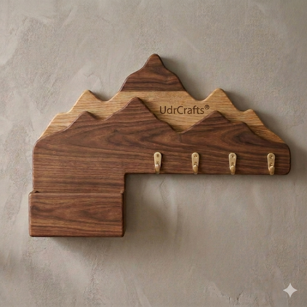UdrCrafts® Wall Mounted Mountain Art Wood Key Holder – Elegant Geometric Key Organizer & Mail Pocket for Home Decor