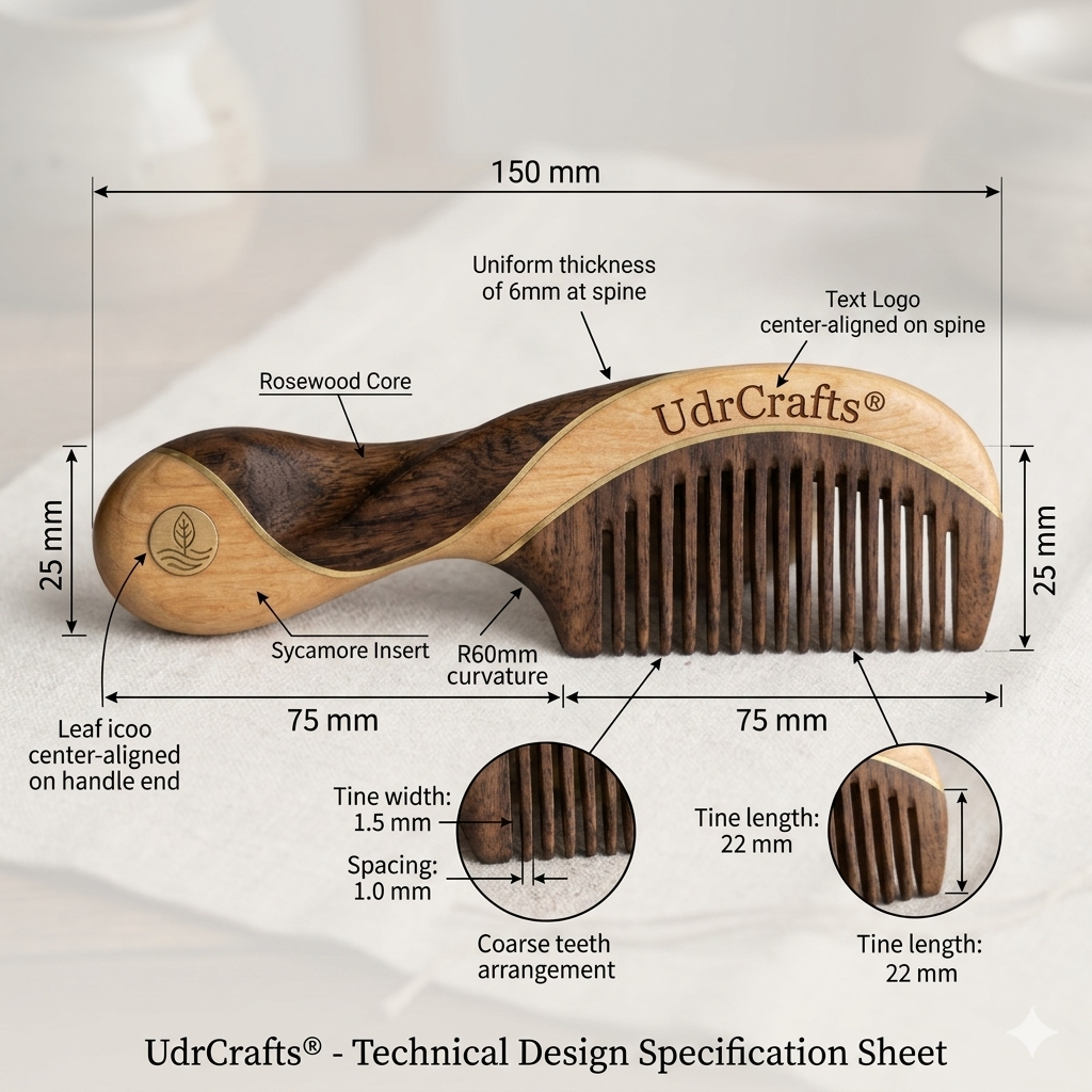 UdrCrafts® Designer Curved Wooden Comb – Wide Tooth Hair Detangling Comb with Anti-Static Seamless Teeth, Ideal for Daily Scalp Massage & Gifting