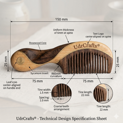 UdrCrafts® Designer Curved Wooden Comb – Wide Tooth Hair Detangling Comb with Anti-Static Seamless Teeth, Ideal for Daily Scalp Massage & Gifting