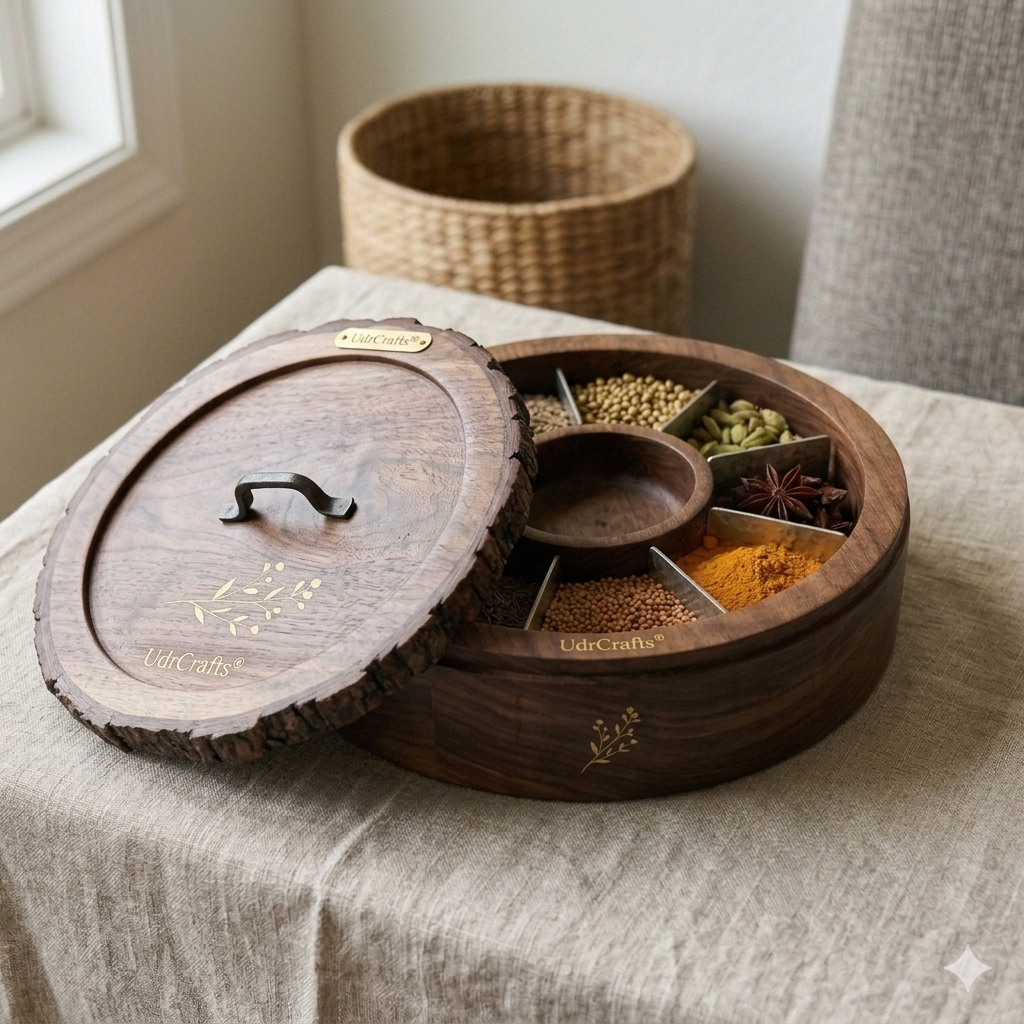 UdrCrafts® Antique Wooden Masala Box | Organic Handcrafted Wood Spice Organizer Dani with Glass Lid for Indian Kitchen Decor