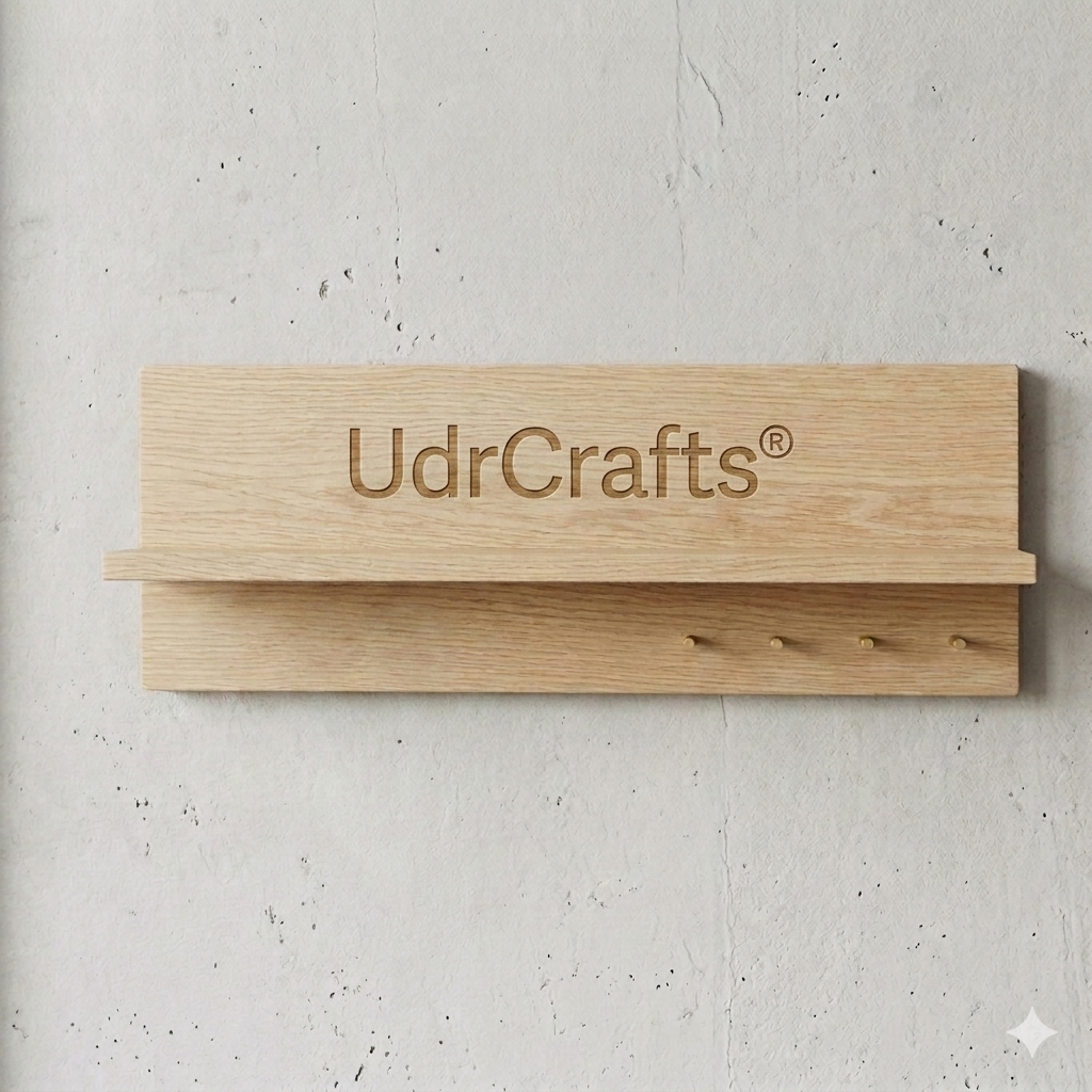 UdrCrafts® Modern Wooden Key Holder with Shelf | Premium Solid Wood Key Stand for Wall Decor | Elegant Wall Mounted Key Rack and Mail Organizer