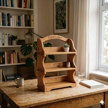 UdrCrafts® Curved Wooden Desktop Bookshelf – 3-Tier Miniature Book Organizer Stand for Study Table, Office Desk and Home Decoration
